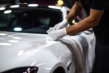 Fototapeta na wymiar Car detailing - the man holds the microfiber in hand and polishes the white car