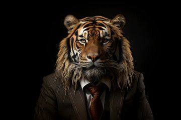 Portrait of a tiger in a business suit or mafia black background. - obrazy, fototapety, plakaty