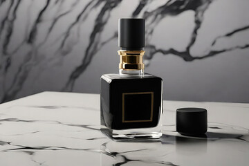 Prioritize detail in this portrayal, making sure the product picture reflects the high quality and realism of the black perfume bottle.