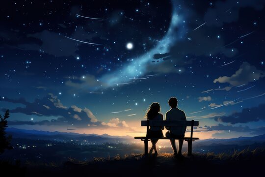 A man and a woman sitting on a bench and looking at the stars on the night sky 