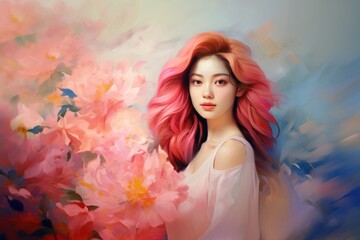 Pretty Asian woman with pink hair and flowers. Romantic lady. Illustration in style of oil painting. Postcard, greeting for International Womens Day. Valentine day. Wall decor, print.