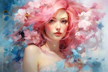 Beautiful Caucasian woman with pink hair and flowers. Romantic lady. Illustration in style of oil painting. Postcard, greeting for International Womens Day. Valentine day. Wall decor, print.