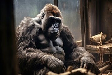 Gorilla locked in cage. Poor lonely monkey in cramped cage behind bars with sad look. For use in...