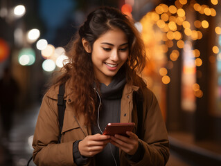 A young Asian woman in casual attire is using a smartphone while walking in a bustling city street. The background is a blur of city life with people walking, cars, and tall buildings.