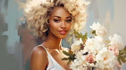 Beautiful blonde African American woman with flowers. Romantic lady. Illustration in style of oil painting. Postcard, greeting for International Womens Day. Valentine day. Wall decor, print. - obrazy, fototapety, plakaty