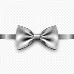 Vector 3d Realistic Gray Silver Bow Tie Closeup Isolated. Silk Glossy Bowtie, Tie Gentleman. Mockup, Design Template. Bow Tie for Man. Mens Fashion, Fathers Day Holiday
