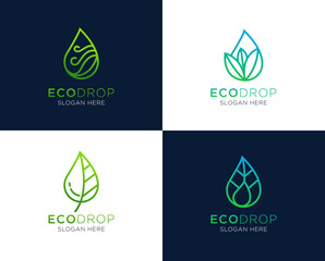 Set of water drop with leaf logo design with line art style