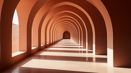 An arched corridor beside a courtyard. Colorful orange arched hallway passage with columns leading to a desert on a sunny day. Corridor with rows of columns - obrazy, fototapety, plakaty
