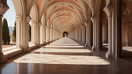 Obraz premium An arched corridor beside a courtyard. Colorful orange arched hallway passage with columns leading to a desert on a sunny day. Corridor with rows of columns