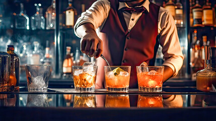 Stylish bartender crafts elegant rum cocktail.