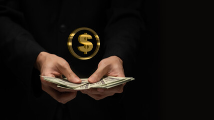 Businessman counting money dollar ,dollar in the hand of a businessman ,dollar icon ,black...
