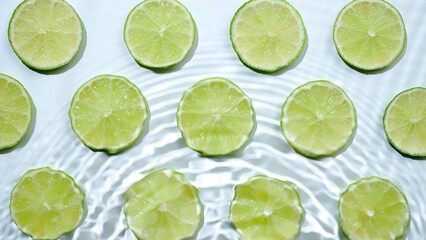 Slice of lime underwater or in water with splashing and droplet top view flat lay on white background.