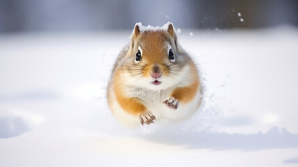 cute hamster running through fluffy winter snow, cold season, rodent in the wild nature - obrazy, fototapety, plakaty
