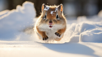 cute hamster running through fluffy winter snow, cold season, rodent in the wild nature