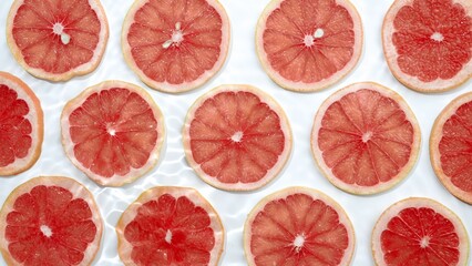 Slice of grapefruit underwater or in water with splashing and droplet top view flat lay on white background.