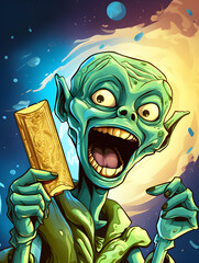 illustration of a excited alien enjoying a chocolate bar, vector, green and blue tone, fun cartoon