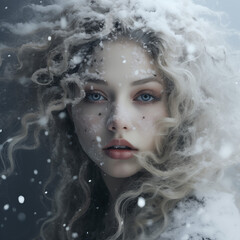 Winter portrait of beautiful woman with curly hair and snow on her face