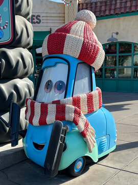 Guido from Cars decorated for the holidays at Disneyland's California Adventure Park