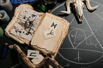 Witch's magic attributes with book and skull on dark table