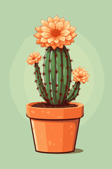 Cactus blooming in flowerpot, pastel tone, vector illustration green background