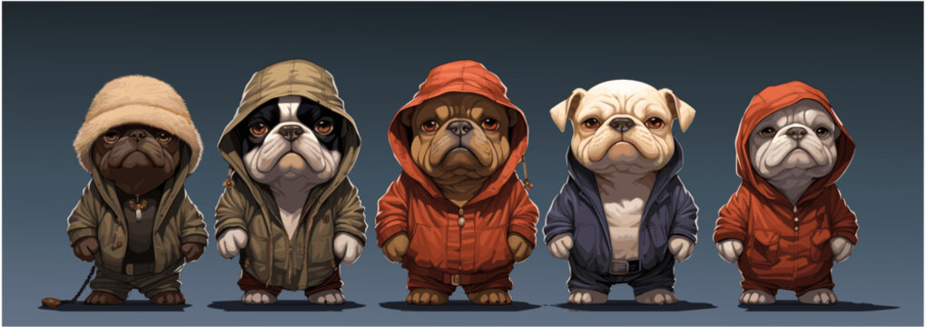 Collection of bulldog dogs with hi-pop clothes