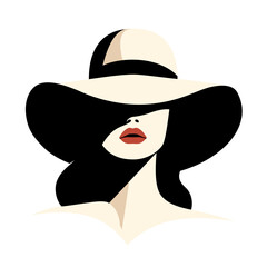 Portret pięknej kobiety w eleganckim kapeluszu z szerokim rondem w minimalistycznym stylu. Młoda dziewczyna z czerwonymi ustami. Ilustracja wektorowa High Fashion. - obrazy, fototapety, plakaty
