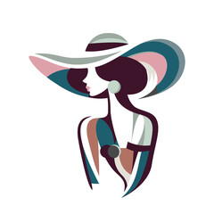 Minimalistyczny portret pięknej kobiety w eleganckim kapeluszu z szerokim rondem. Młoda dziewczyna w geometryczny kolorowy deseń. Ilustracja wektorowa High Fashion. - obrazy, fototapety, plakaty