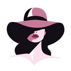 Portret pięknej kobiety w eleganckim kapeluszu z szerokim rondem w minimalistycznym stylu. Młoda dziewczyna z różowymi ustami. Ilustracja wektorowa High Fashion. - obrazy, fototapety, plakaty