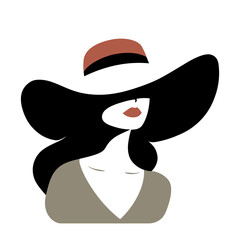 Portret pięknej kobiety w eleganckim kapeluszu z szerokim rondem w minimalistycznym stylu. Młoda dziewczyna z pomalowanymi ustami. Ilustracja wektorowa High Fashion. - obrazy, fototapety, plakaty