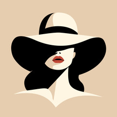 Portret pięknej kobiety w eleganckim kapeluszu z szerokim rondem w minimalistycznym stylu. Młoda dziewczyna z czerwonymi ustami. Ilustracja wektorowa High Fashion.