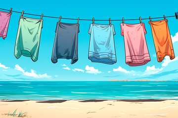 Clothes hang on a clothesline to dry. Summer swimwear hangs and dries in the sun on a beach background. Two swimsuits - men's and women's - hang and dry on a string