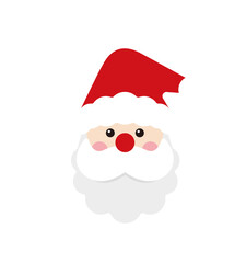A cute Santa Claus character illustration with a December winter Christmas concept. Santa wearing a red hat and red nose on a background of snow and snowflakes.