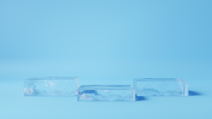 水色背景に3つの四角い氷の台座。3D（横長）