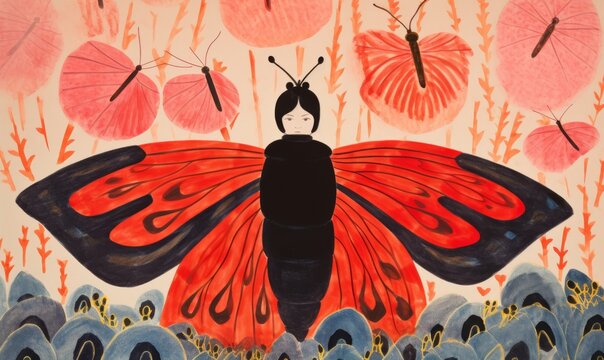 Moth Woman,  Japanese Printmaking, Folklore Art, butterfly straightjacket, Butterfly Girl Illustration, Gothic Surrealist Weird Arty, Artistic Print, Retro Vintage Faded Asian Look, Dreamlike, Fantasy