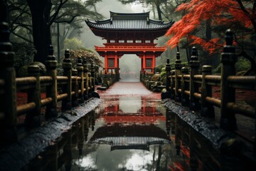 View of a Japanese bridge and gate and its reflection in a puddle