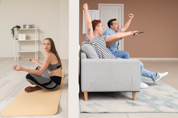 Sporty young woman suffering from loud neighbours watching TV at home