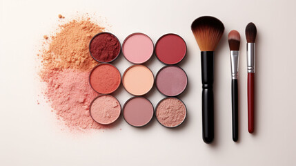 A palette of eyeshadows and makeup brushes, featuring hues of the Peach Fuzz 2024 color, ready for a beauty makeover. - obrazy, fototapety, plakaty