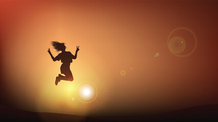 happy girl jumping on beach sea scape sunset vector bg