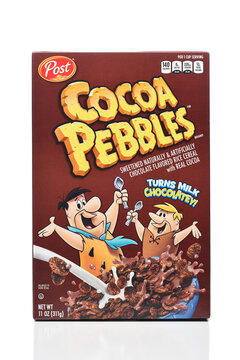 IRVINE, CALIFORNIA - 11 DEC 2023: A Box Of Post Cocoa Pebbles Breakfast Cereal.