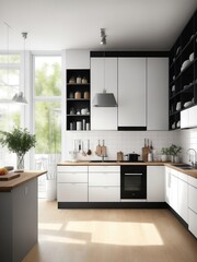 design huge ikea style kitchen front view realistic generative ai