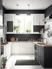 design huge ikea style kitchen front view realistic generative ai