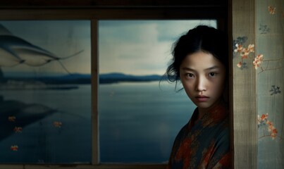 Fototapeta premium Window Frame Landscape Japanese, Geisha girl looking through a window, lake landscape, dark moody, fine art photography, noir horror spooky eerie arthouse arty bizarre cinematic photo