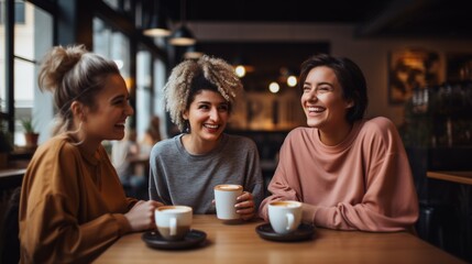 Group of female friends having a coffee together. Three women at cafe, talking, laughing and enjoying their time. Lifestyle and friendship concepts . - obrazy, fototapety, plakaty