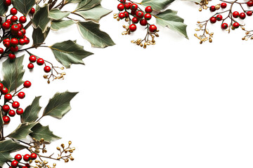 festive minimal season pattern layout overhead holiday high up 2019 flat year new fir plant holly tree winter composition Frame made christmas plants white background Fl lay top view copy space