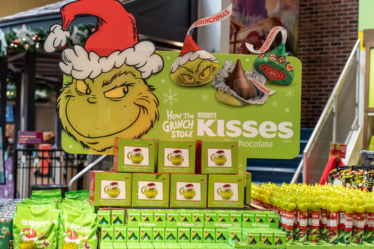 Hershey, Pennsylvania - December 8, 2023: How the Grinch Stole Christmas candy display at Hershey's Chocolate World Retail Store.