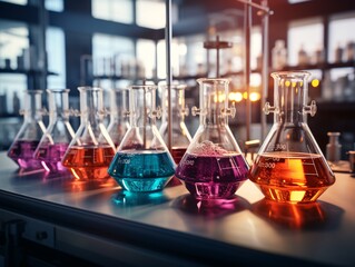  Laboratory glassware with colorful liquid in chemical laboratory, science research and development concept