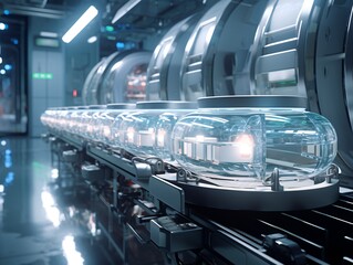 Obraz premium A conveyor belt in a modern production line with led lights Pharmacology