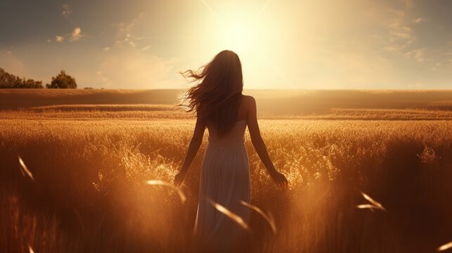Girl walking in the meadow on the grass in the rays of the setting sun. Concept of women's dreams, success, travel, flight.
