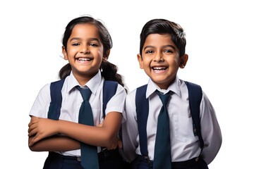schoolboy study fashion happiness person smile classmate concept studio beautiful backpack clothing costume india asian 2 Cheerful Indian school kids uniform standing isolated white background