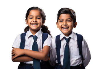 schoolboy study fashion happiness person smile classmate concept studio beautiful backpack clothing costume india asian 2 Cheerful Indian school kids uniform standing isolated white background